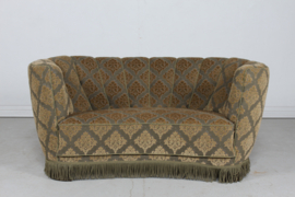 Danish Art Deco Curved Sofa/ Couch, Green Velour Upholstery with a Diagonal Floral Design. Made in Denmark in the 1950s.
