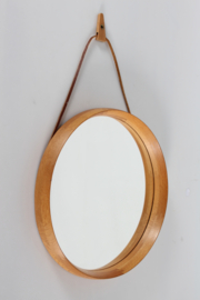 Uno and Osten Kristiansson Round Mirror of Oak with Leather Strap for Hanging by Luxus Vittsjö Sweden, 1970