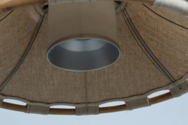 SOLD - Scandinavian Modern "Anna" Pendant by Anna Ehrner, Bent Wood & Dark Beige Fabric. Atelje Lyktan Sweden  1970s