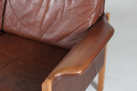 Finn Juhl style Two-Seat Sofa with Dark Cognac-Colored Leather Made in Denmark. Mid-century Modern