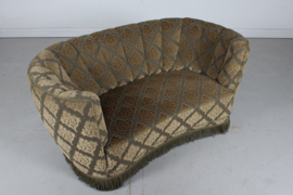 Danish Art Deco Curved Sofa/ Couch, Green Velour Upholstery with a Diagonal Floral Design. Made in Denmark in the 1950s.