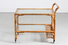 Vintage Cane Bar/Drinks Trolley on Wheels with Frosted Glass, Denmark, 1950s