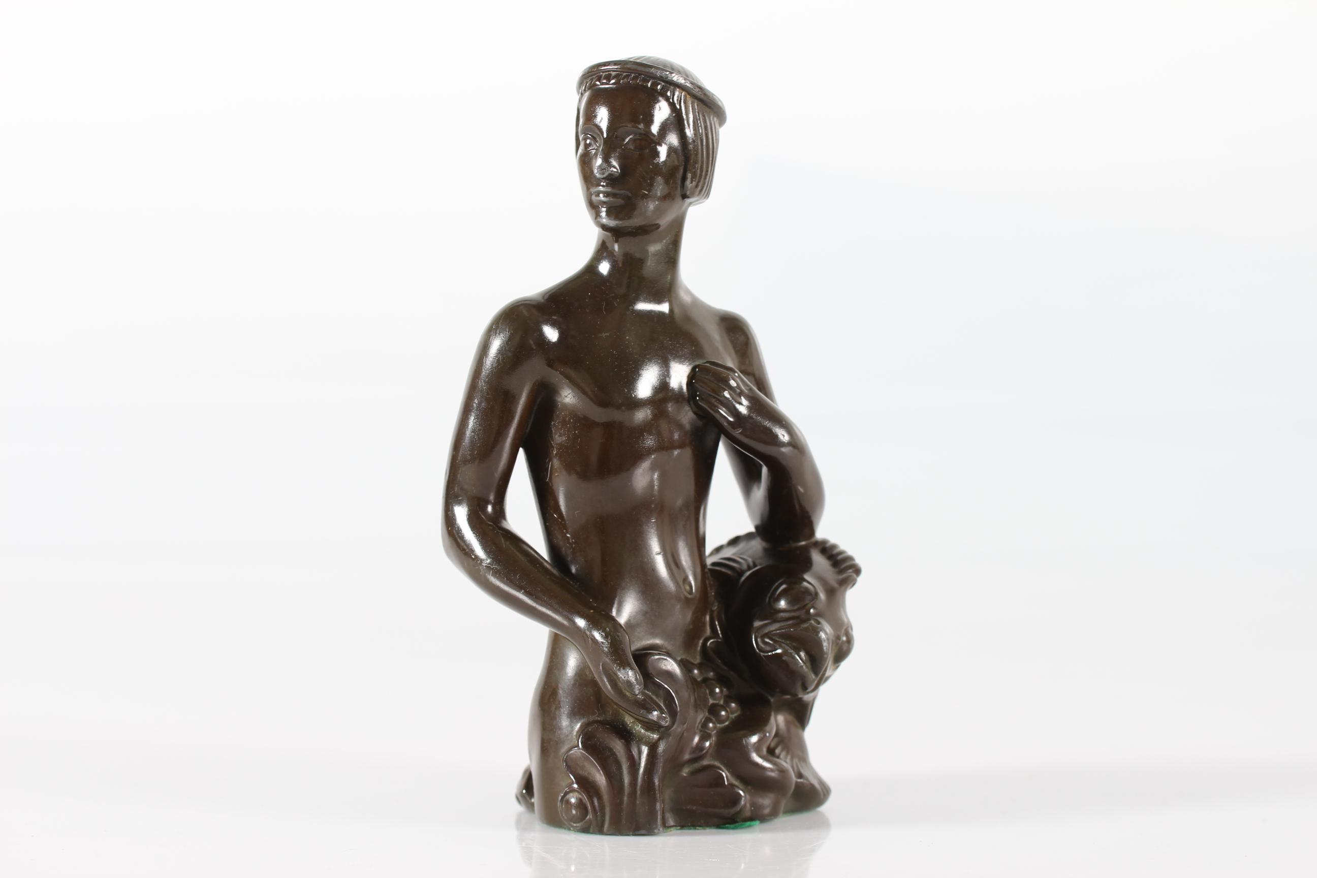Just Andersen Figurine of a Young Man with Fish of Disco Metal, Denmark 1940s