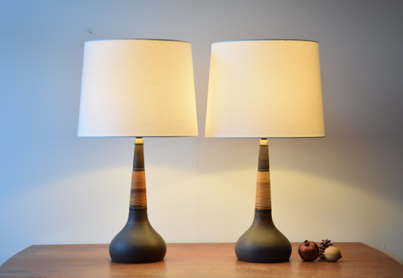 Pair of Kähler / Le Klint Table Lamps Brown Ceramic with Cane Mid-century Ceramic Lighting // PRICE UPON REQUEST