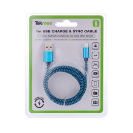 Tekmee data/oplaadkabel nylon 2A 1mtr Micro USB - Blauw