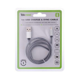 Tekmee data/oplaadkabel nylon 2A 1mtr Micro USB - Wit