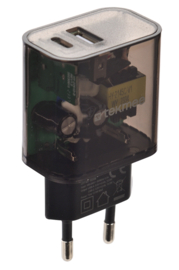 Tekmee adapter 2 poorten Type-C+USB lader 12W 2.4A Crystal
