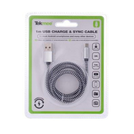 Tekmee data/oplaadkabel nylon 2A 1mtr Micro USB - Zwart