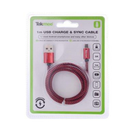 Tekmee data/oplaadkabel nylon 2A 1mtr Micro USB - Rood