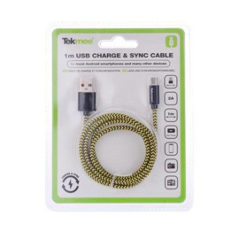 Tekmee data/oplaadkabel nylon 2A 1mtr Micro USB - Geel