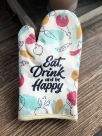 Ovenhandschoen met de tekst "Eat drink and be happy"