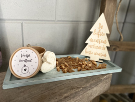 Kerstpakket dienblad blauwgrijs / assortiment gouden kerstzeepjes (geur) / houten kerstboompje met tekst / Zeepje in doosje met opdruk VROLIJK KERSTFEEST