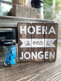 Tekstbordje Hoera een jongen + potje blauw