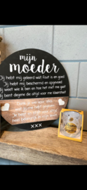 Cadeau pakket Rond tekstbord Mijn Moeder + water-wijnglas