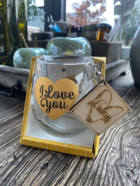 Water wijnglas I love you / houten sleutelhanger Always