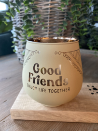 Luxe sfeerlichthouder met tekst - inclusief plankje met gravering - waxinehouder voor waxinelichtje - Good friends enjoy life together