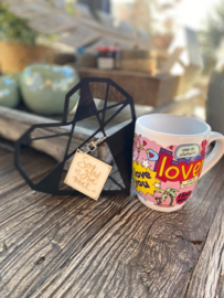 Cadeaupakket Valentijnsdag-vriendschap-liefde-verjaardag / Houten hart zwart geometrisch 17 cm - houten sleutelhanger 5 cm So glad we met - Mok Voor de allerbeste lover