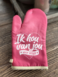 Ovenhandschoen met de tekst "Ik hou van jou voor altijd"