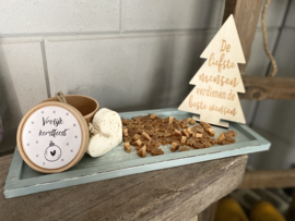 Kerstpakket dienblad blauwgrijs / assortiment gouden kerstzeepjes (geur) / houten kerstboompje met tekst / Zeepje in doosje met opdruk VROLIJK KERSTFEEST