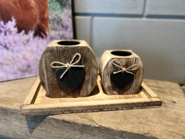 Decoratie-set houten schaal /  2x houten waxinehouder