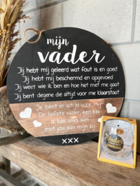 Cadeaupakket rond tekstbord mijn vader + waterwijnglas vader