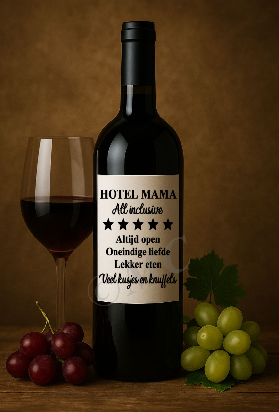 Wijnfles etiket: Hotel Mama (Papa, Oma, Opa)