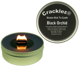 Cracklez® Knetter Houten Lont Geur Kaars in blik Black Orchid. Designer Parfum Geinspireerd. Zwart.