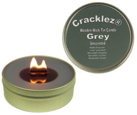 Cracklez® Knetter Houten Lont Kaars in blik. Grijs. Geurloos.