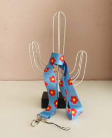 Keycord blauw met rood/gele bloemen