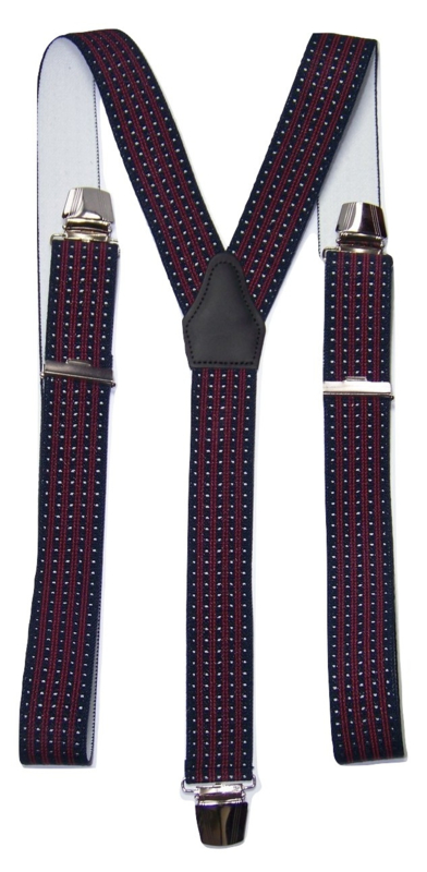 Donkerblauwe Bretels met witte stip en rode streep en extra sterke clips