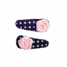 Babyhaarclipje dot donkerblauw met roze roosje