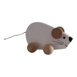 houten muis op wieltjes - wit