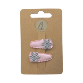 Babyhairclip Uni pink with embroidery grey flower