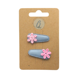 Babyhairclip Uni grey with embroidery pink flower