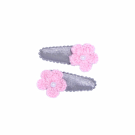 Babyhaarclipje uni grijs met broderie roze bloemetje