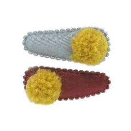 Babyhaarclipje "pompom" duo wijnrood-grijs pompom oker