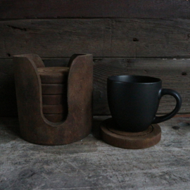 Set van 6 houten onderzetters in houder (Ø 9,5 cm)