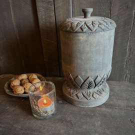 Houten pot op voet met deksel L (H 29 cm.)