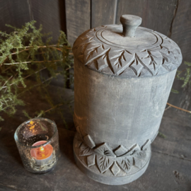 Houten pot op voet met deksel L (H 29 cm.)