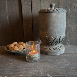 Houten pot op voet met deksel M (H 27 cm.)