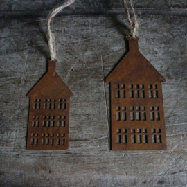 Metalen huisje roest aan jute M (13 cm)