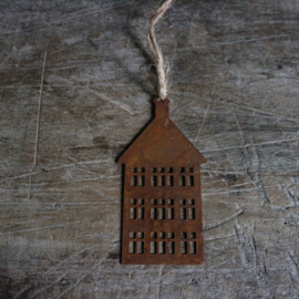 Metalen huisje roest aan jute S (10 cm)