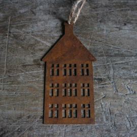 Metalen huisje roest aan jute M (13 cm)