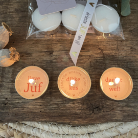Theelichtjes (3x) met verborgen boodschap! Lieve Juf!