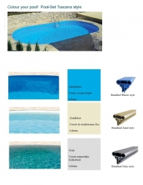 ovaal zwembad set (inbouw) maatvoering ovaal diepte 1,35 m., liner 0,8 mm. adriablauw / zandkleur / grijs