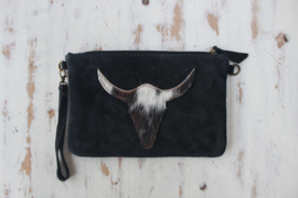 Zwarte suede clutch met stier