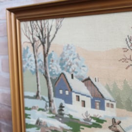 Vintage lijst borduurwerk winter hert groot