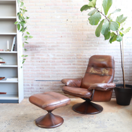 Vintage leren draaifauteuil + voetenbank
