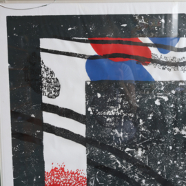 Litho zwart wit blauw rood , kunst abstract