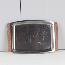 Vintage Rvs zilver dienblad teak hout deens